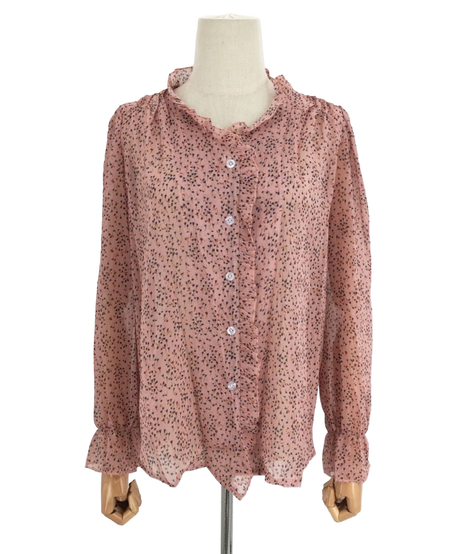 ミ・デゥー mi・deu・・・ 花柄シフォン袖フリル切替ブラウス （レッド） ミ・デゥー mi・deu・・・ 花柄シフォン袖フリル切替ブラウス