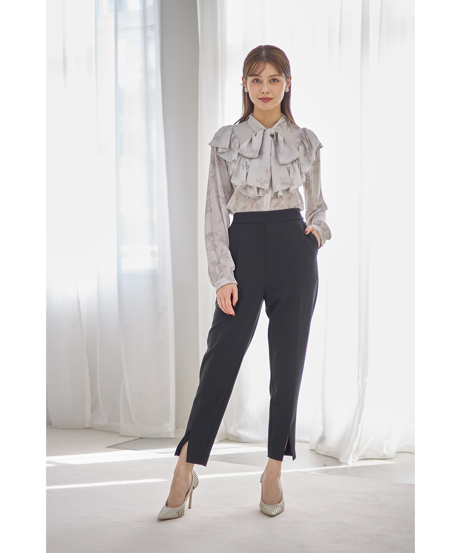 kloset クロセット　ブラウス　トワルドジュイ 2WAYボウタイリボン付きラッフルフリル装飾トワルドジュイ