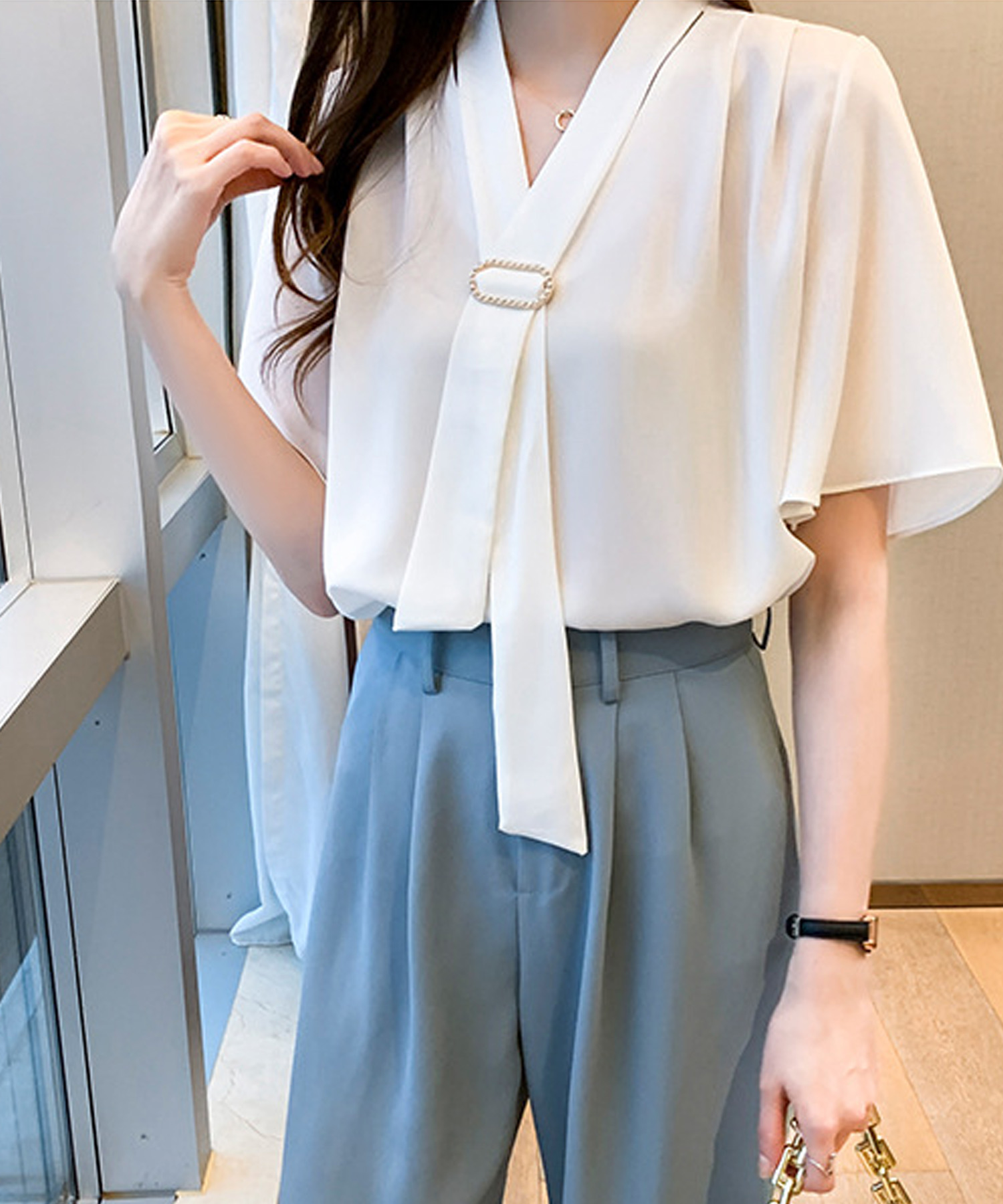 セール】ボウタイフレアブラウス レディース 半袖 五分袖 春服 夏服 10 ...