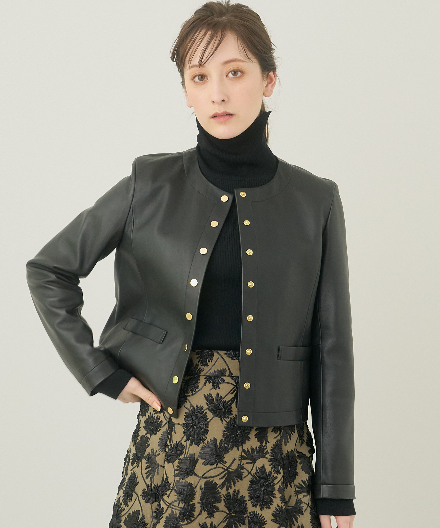 ANAYI スタンドカラーショート丈レザージャケット