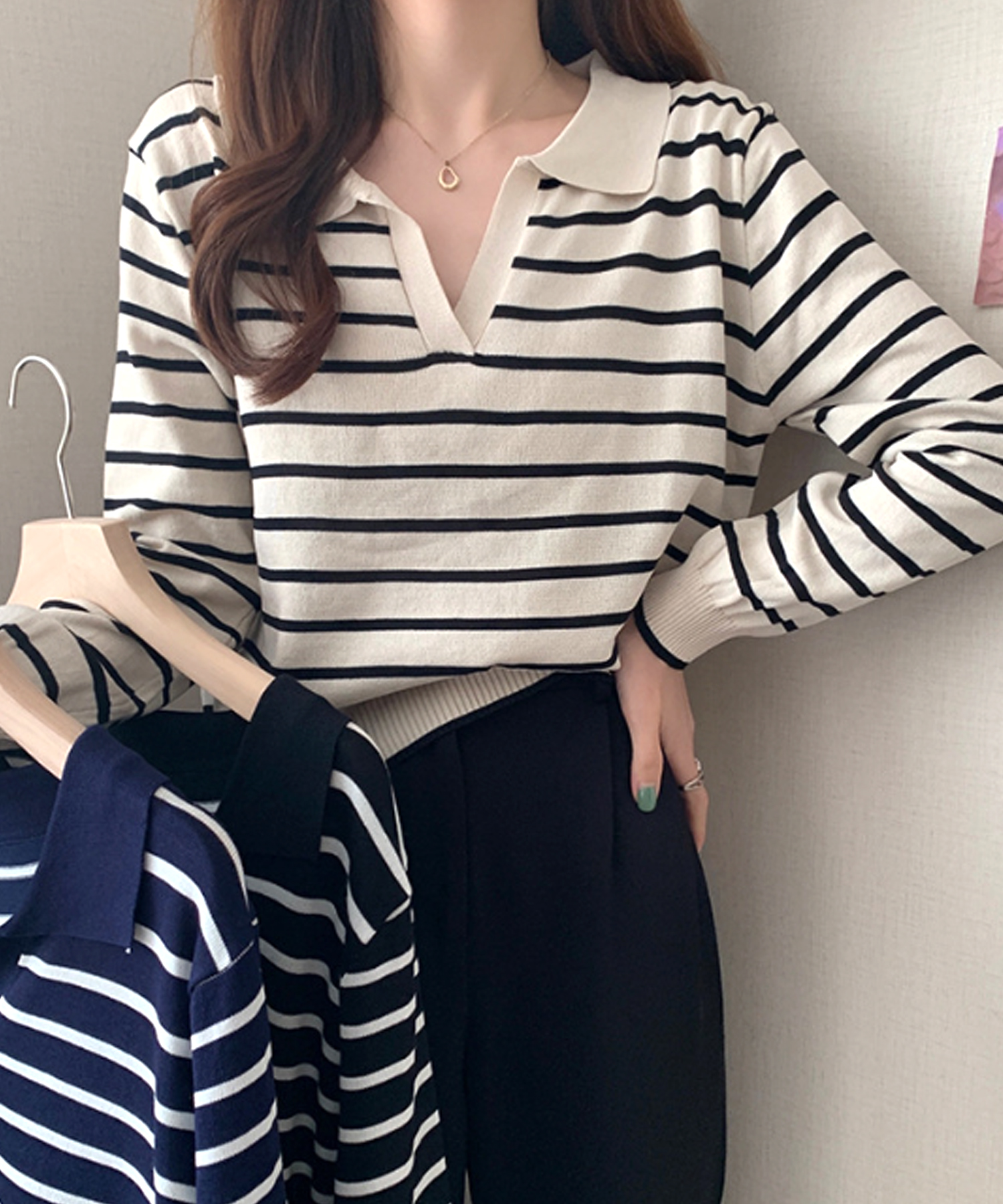 セール】アミュレット Amulet ボーダー柄スキッパートップス セール】アミュレット Amulet ボーダー柄スキッパートップス