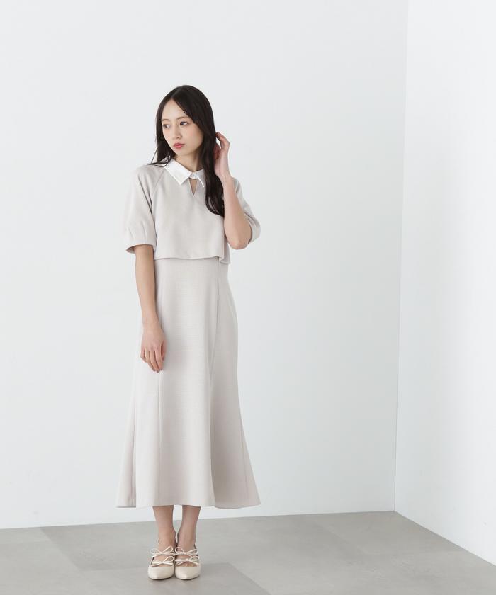 ワンピース　シルク１００% 日本製　アシンメトリー　Aライン　ベルト　美品 セール 30%OFF】フロントスリットエリツキレイヤードワンピース
