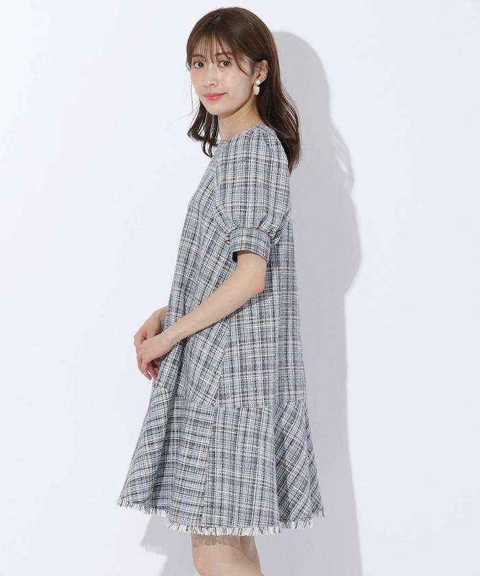 未使用品　And Couture ツイードフリンジ5分袖ミニワンピース セール 60%OFF】ツイードフリンジ5分袖ミニワンピース(505166828