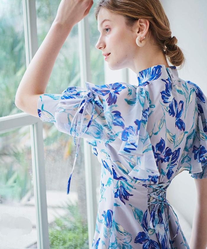 セール 50%OFF】シフォンフラワー2WAYフリル袖ワンピース