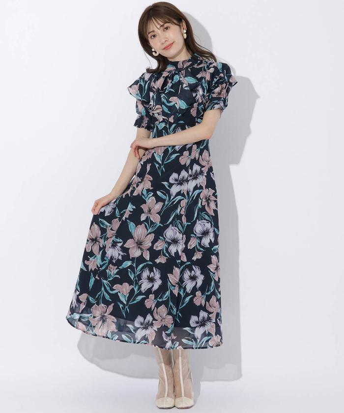 And Couture　美品　ペインティングフラワーフレア袖ワンピース シフォン And Couture 美品 ペインティングフラワーフレア袖ワンピース