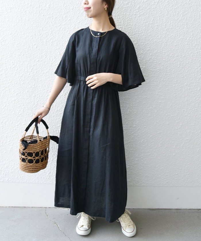 【美品】シップス　SHIPS オーガニックリネン　麻　フレアスリーブワンピース 美品】シップス SHIPS オーガニックリネン 麻 フレアスリーブ