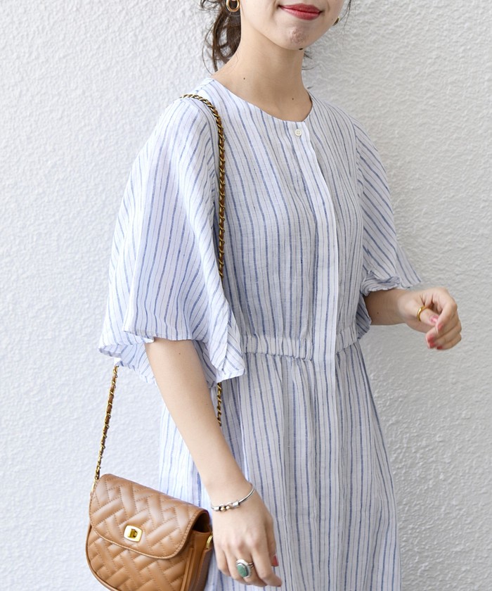 【美品】シップス　SHIPS オーガニックリネン　麻　フレアスリーブワンピース 美品】シップス SHIPS オーガニックリネン 麻 フレアスリーブ