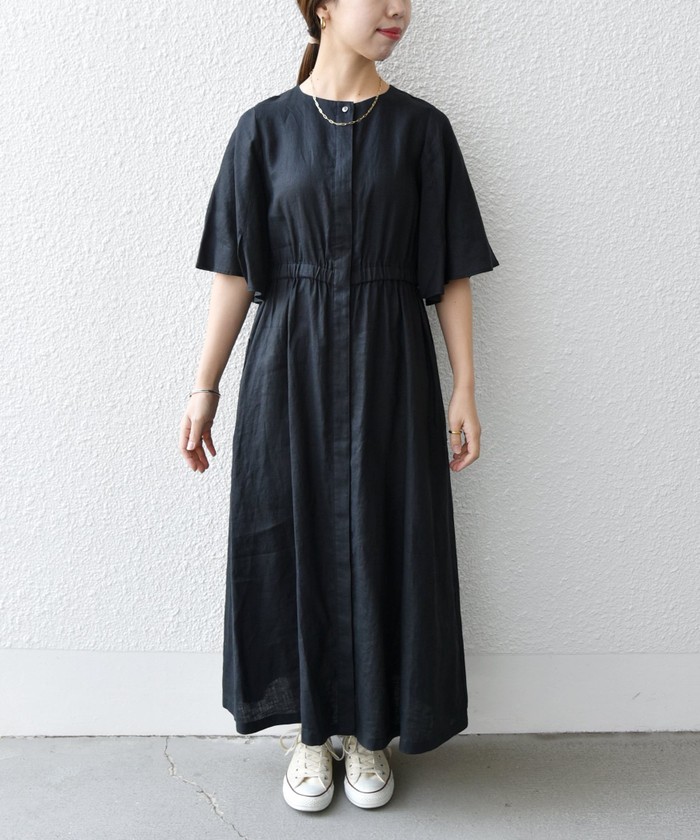 【美品】シップス　SHIPS オーガニックリネン　麻　フレアスリーブワンピース 美品】シップス SHIPS オーガニックリネン 麻 フレアスリーブ