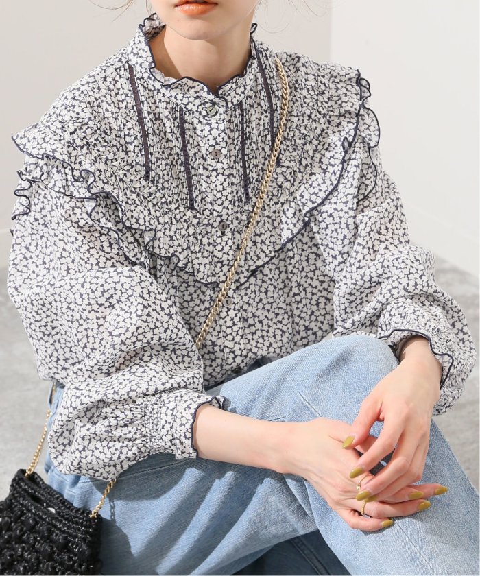 新品未使用✨SLOBE IENA フリルピンタックブラウス 長袖 ネイビー
