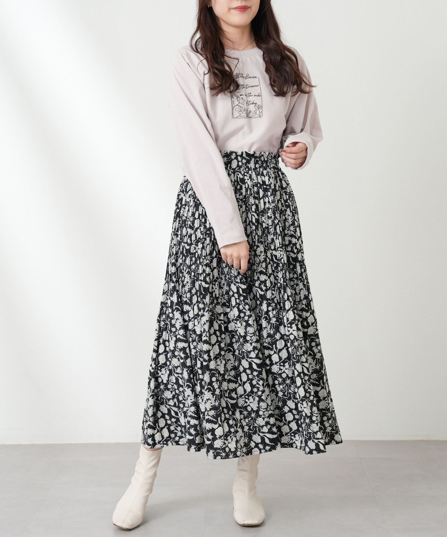 deany スカート　セット売り クーポン】【セール 60%OFF】デシン中花柄消しプリーツスカート
