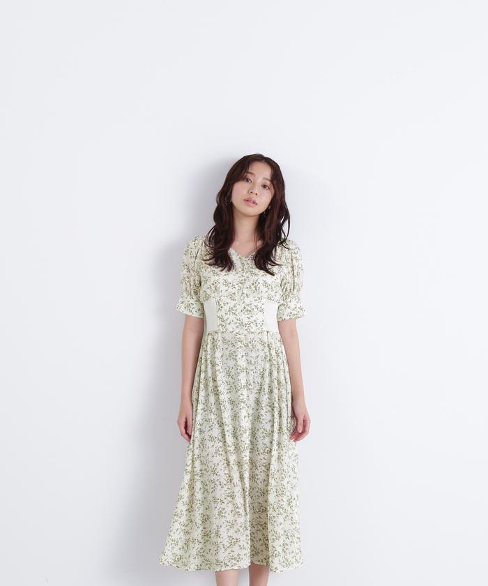 美品★ビアズリー リネン　切替　バックプリント　ロングワンピース ベージュ 美品☆ビアズリー リネン 切替 バックプリント ロングワンピース