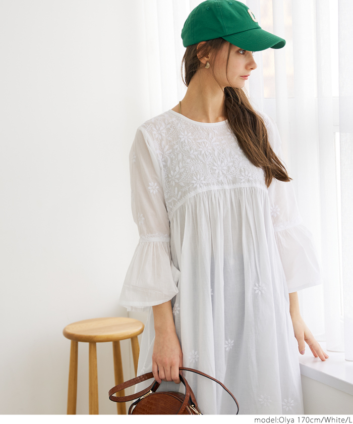 セール 25%OFF】インド綿刺繍ギャザーワンピース(505156838