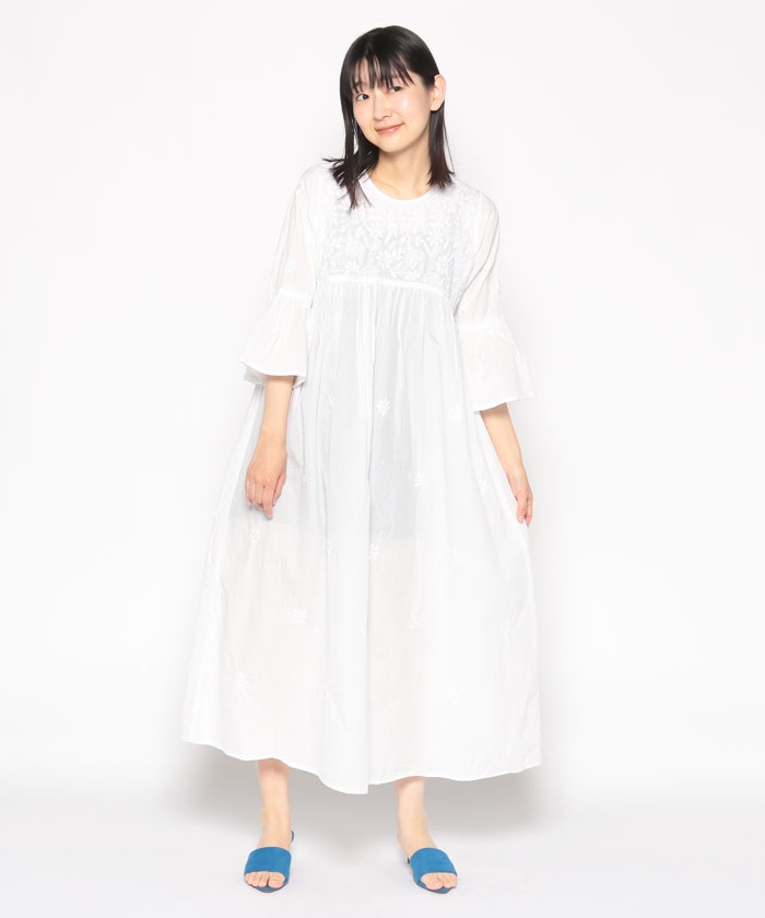 クーポン】【セール 25%OFF】インド綿刺繍ギャザーワンピース クーポン】【セール 25%OFF】インド綿刺繍ギャザーワンピース