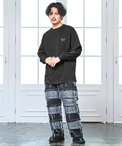 メンズ 重ね着ロンT レイヤード風 ビッグシルエット T03052 Tシャツ メンズ 長袖 重ね着風 レイヤード フェイクレイヤード