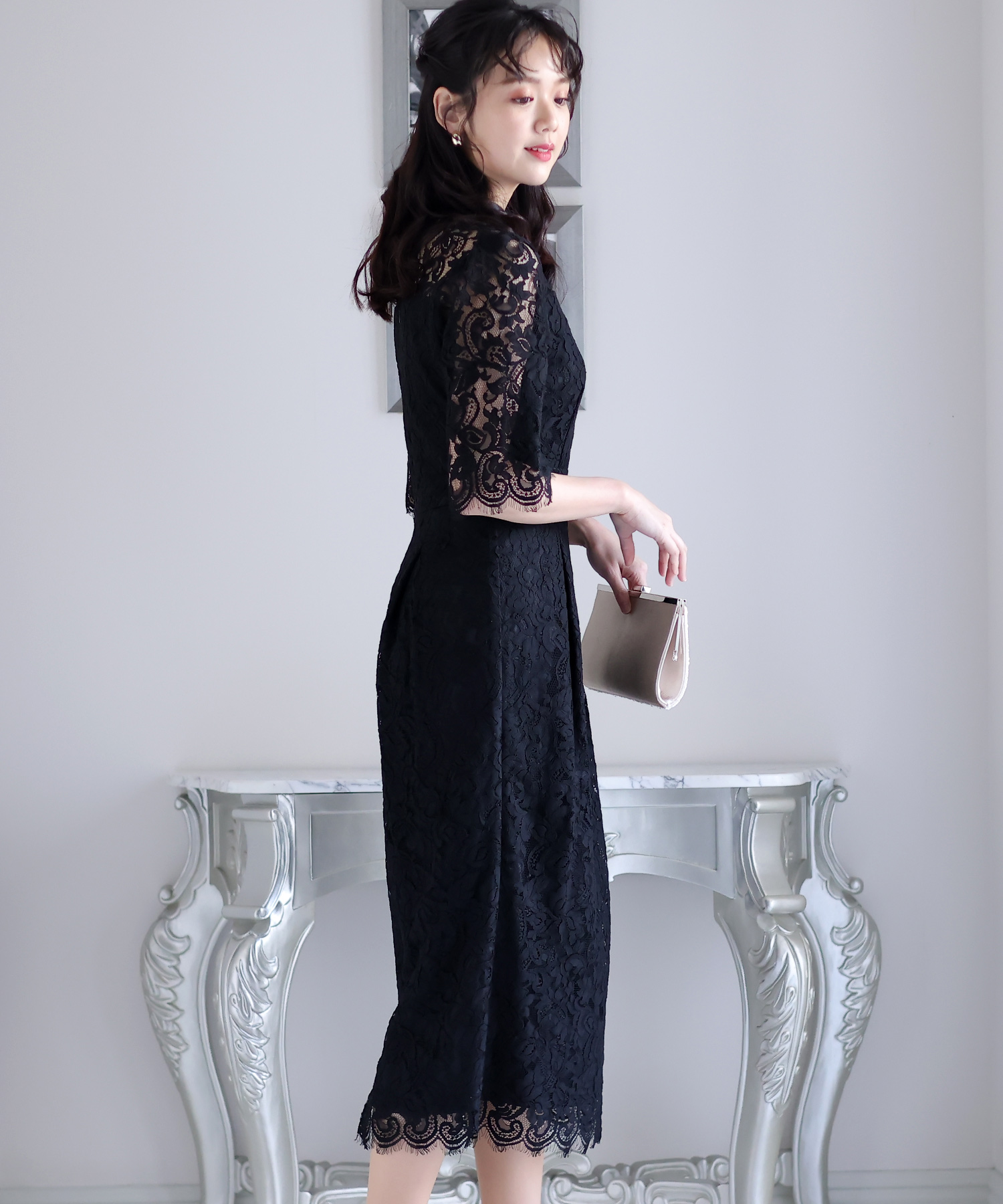 PourVous ロングドレス 黒 プールヴー PourVous ロング&七分袖フォーマルシアーブラウス