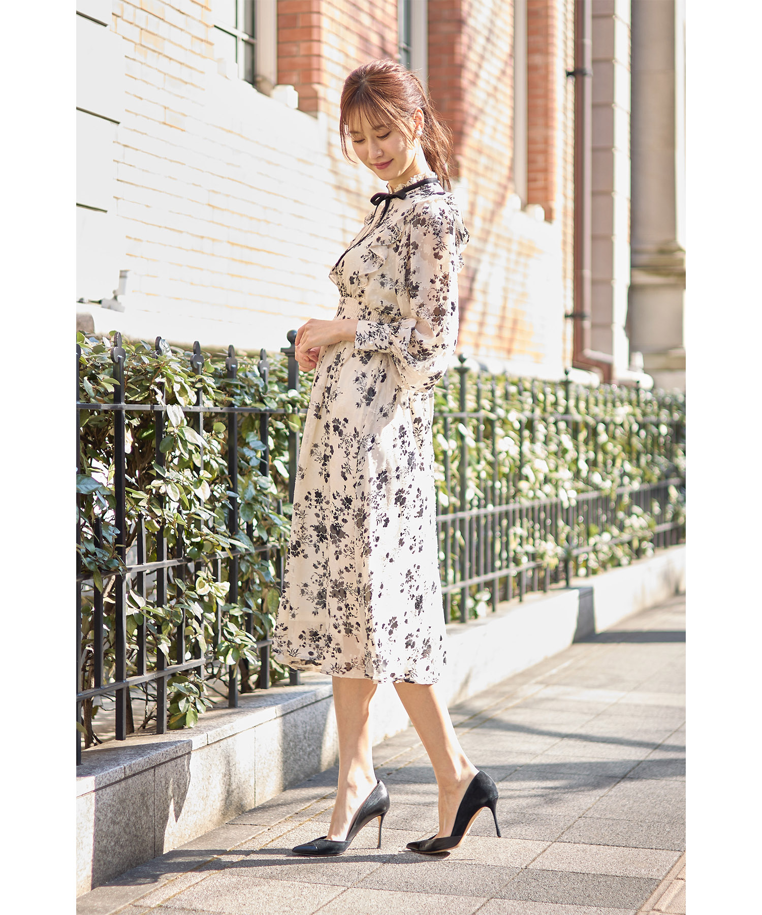 Dolce & Gabbana コットン フローラルプリント フリルワンピース フリル&リボン付きウエストシャーリングフラワープリント