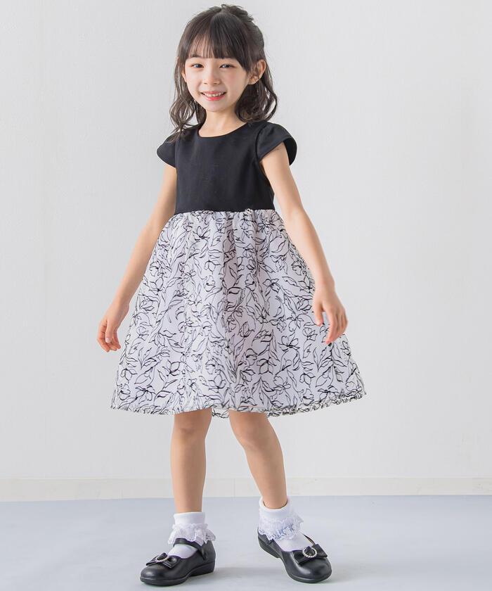 日本製ポンチ花柄フロッキー切替ワンピース(100~150cm