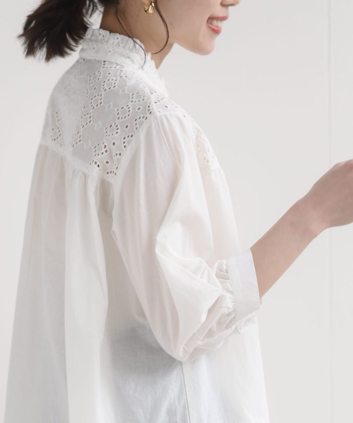 フリルネック刺繍切替7分袖チュニックブラウス(505218550
