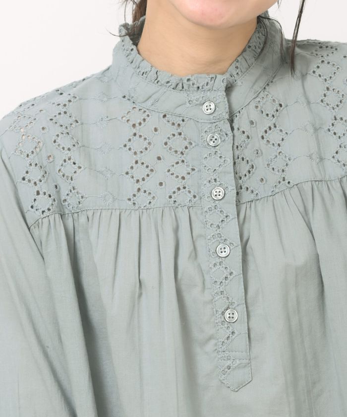 フリルネック刺繍切替7分袖チュニックブラウス(505218550