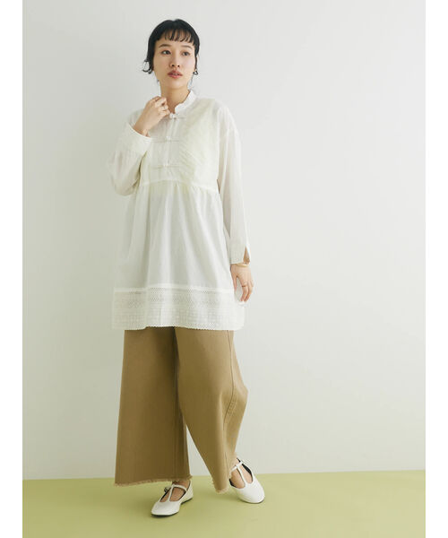 【美品】アトリエドゥサボン　レーススタンドカラー デザインブラウス コットン 美品】アトリエドゥサボン レーススタンドカラー デザイン