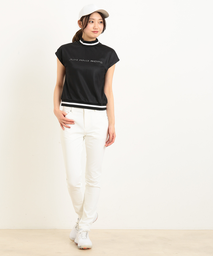 JUN & ROPE メッシュコンビ リブ配色モックネック半袖プルオーバー JUN & ROPE メッシュコンビ リブ配色モックネック半袖プルオーバー