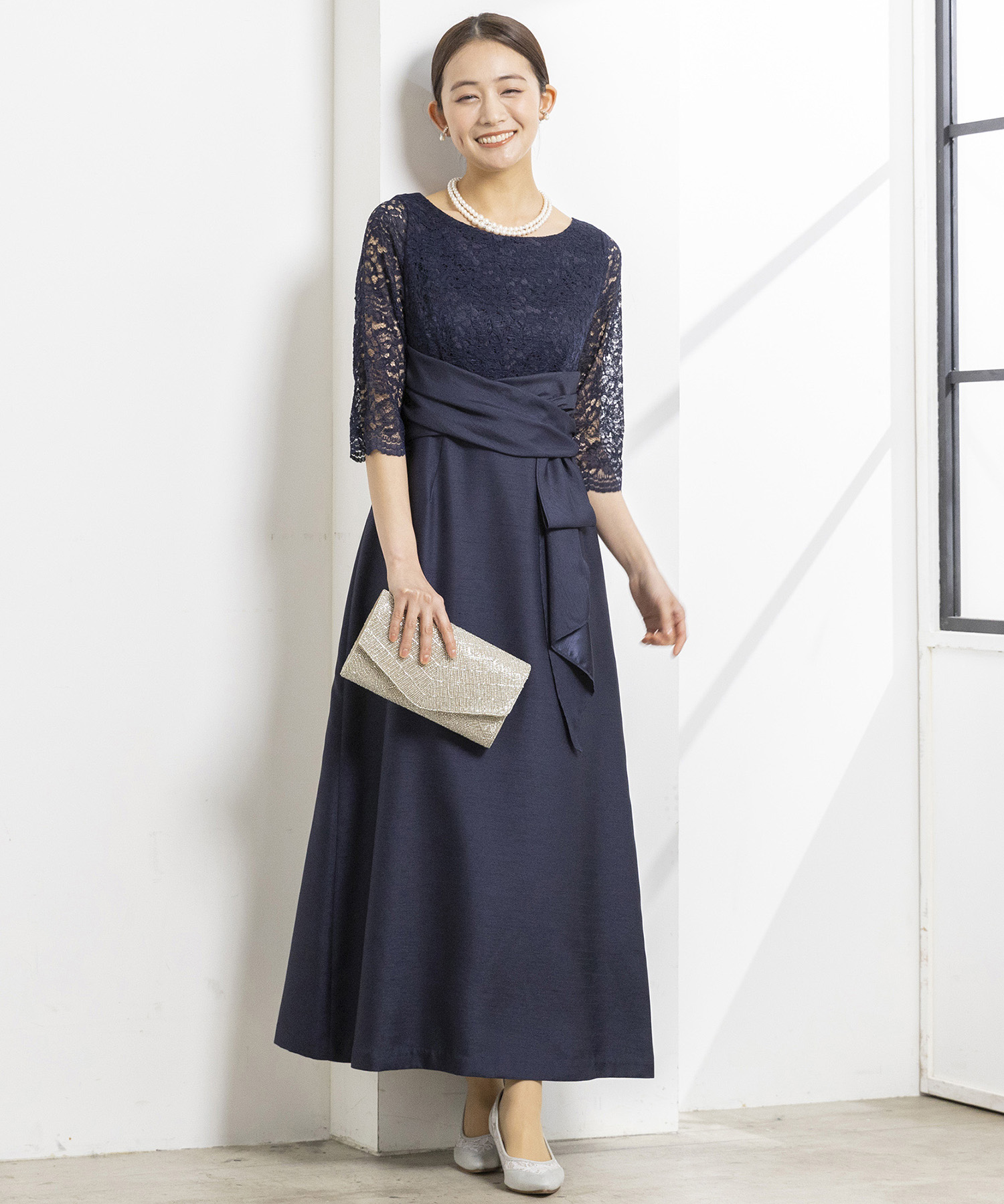 ワンピース単品】《シャンタン生地使用》レース切替マザードレス ワンピース単品】《シャンタン生地使用》レース切替マザードレス