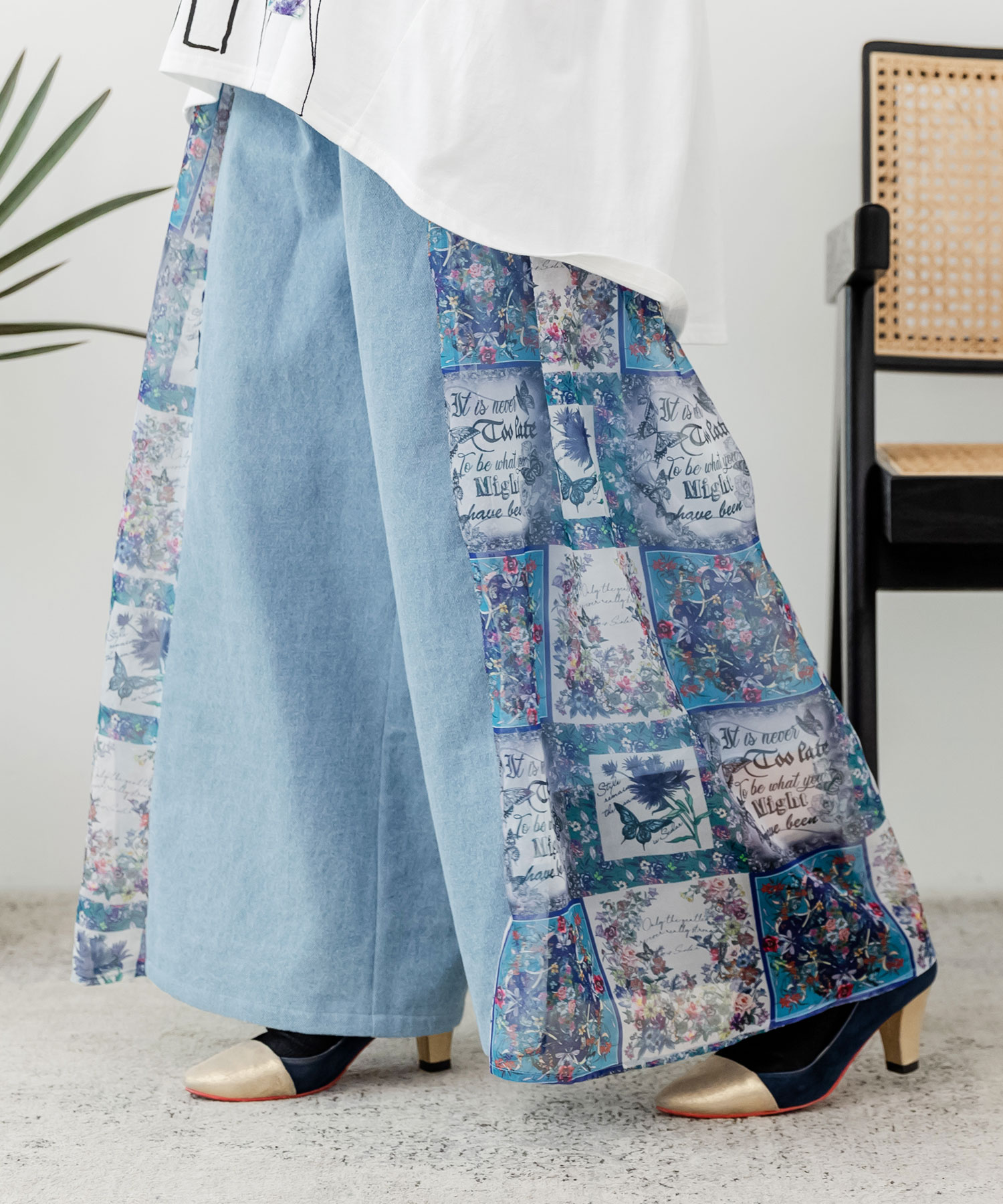 is scolar 花 蝶 異素材 切り替え デニム ワイドパンツ スカーフ is scolar 花 蝶 異素材 切り替え デニム ワイドパンツ スカーフ
