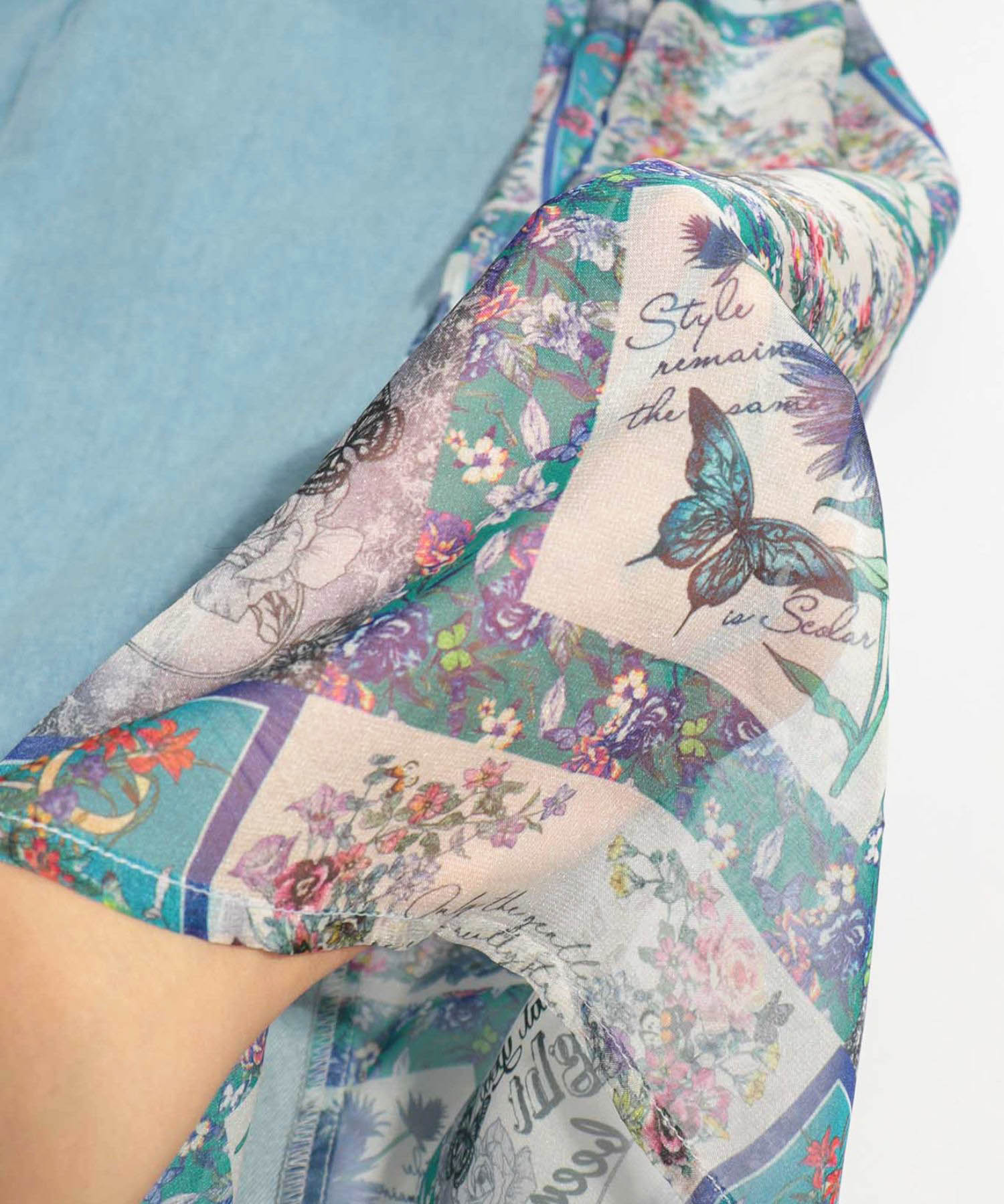 is scolar 花 蝶 異素材 切り替え デニム ワイドパンツ スカーフ is scolar 花 蝶 異素材 切り替え デニム ワイドパンツ スカーフ