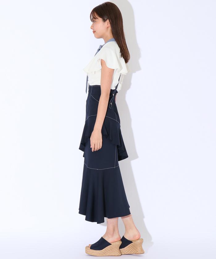 セール 60%OFF】サス付き配色ステッチティアードスカート