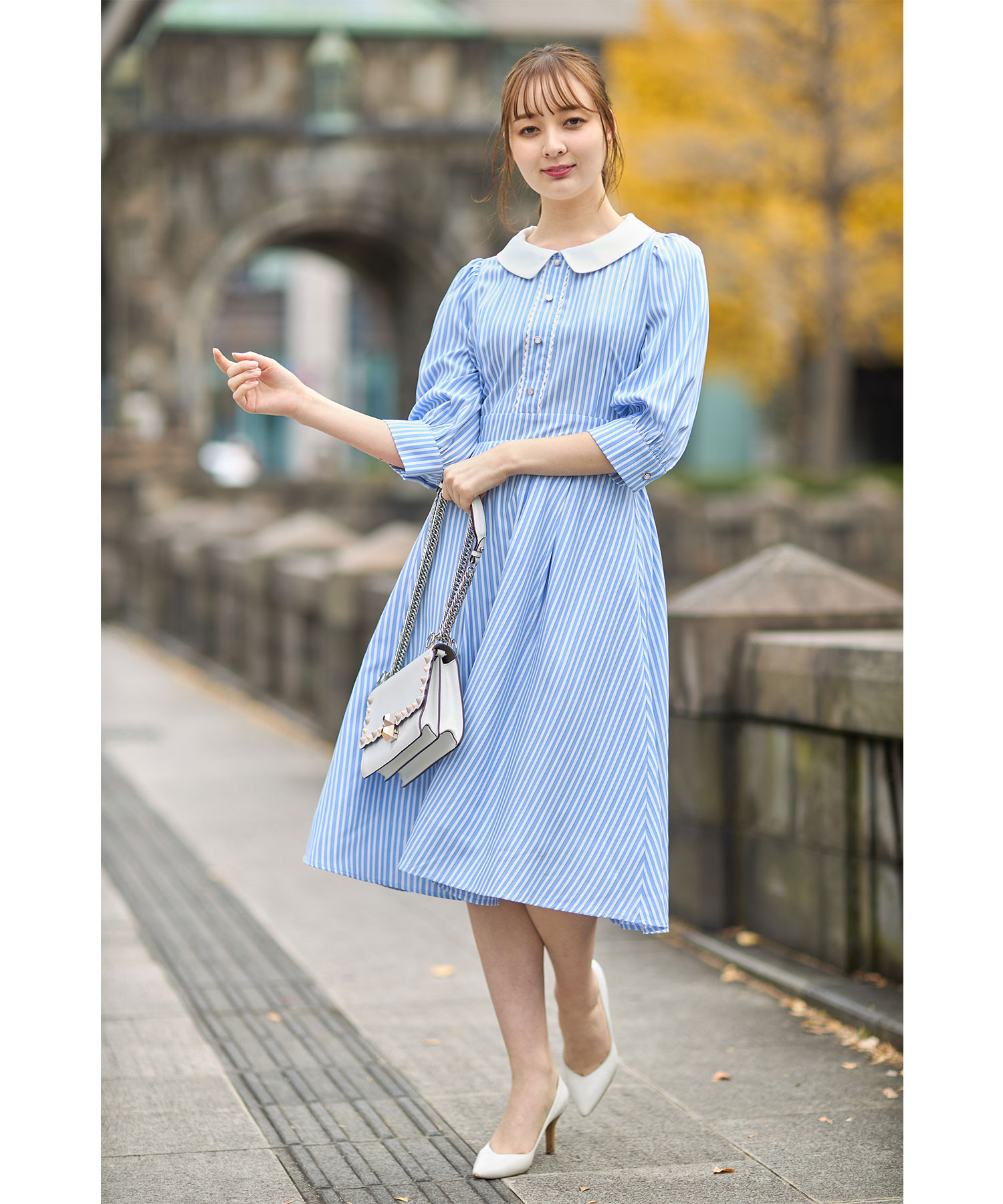 ストライプ フード付き ワンピース 38 コサージュ付きストライプワンピース ワンピース ＆ LOVE CLOSET