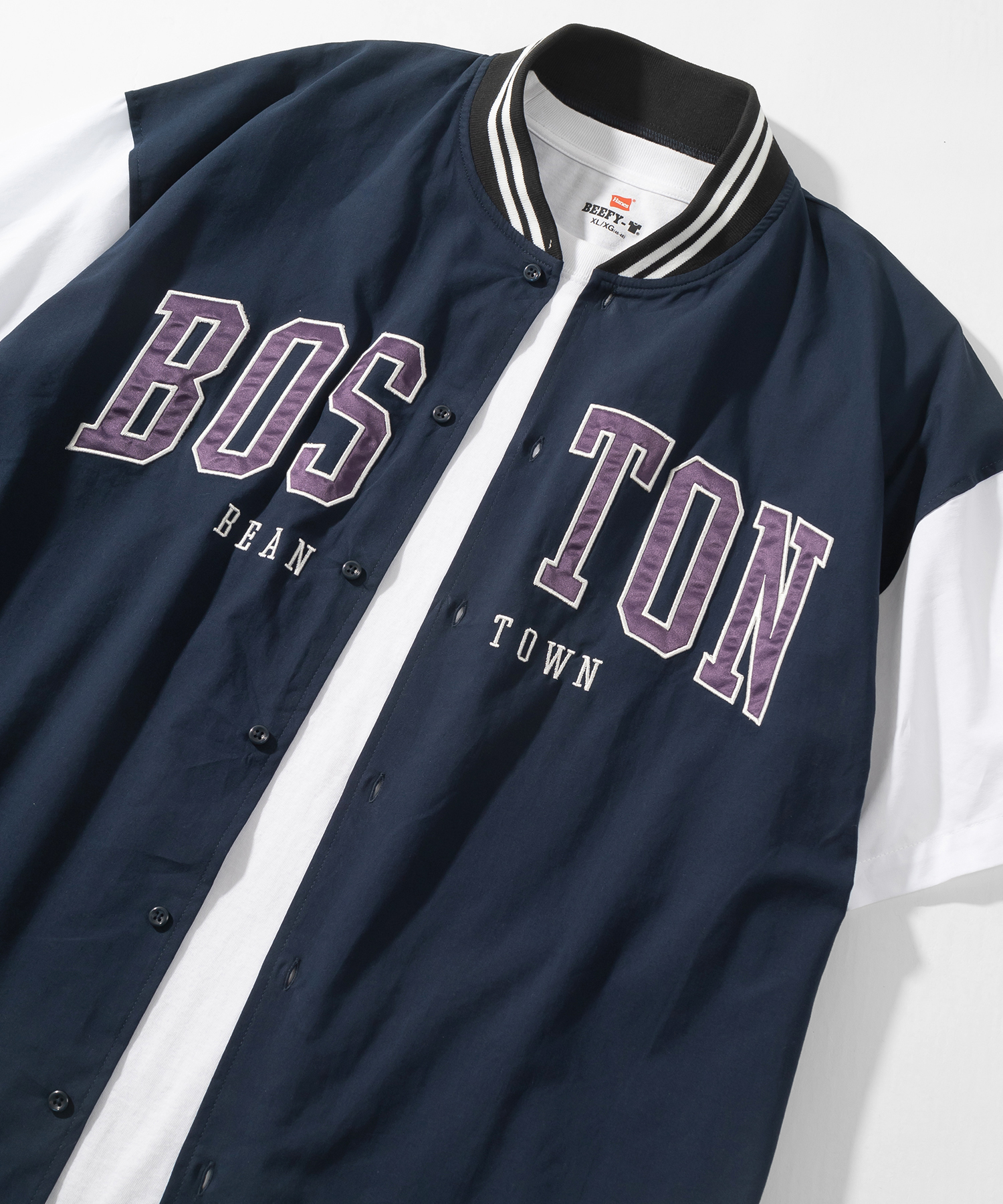 BOSTON/ボストン】カレッジロゴ刺繍 リブライン スタジアム半袖シャツ