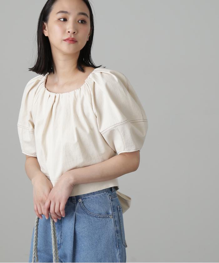 セール 20%OFF】スクエアネックパフスリーブデニムブラウス