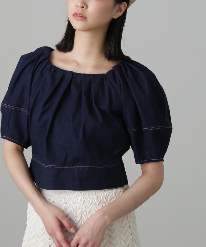 セール 20%OFF】スクエアネックパフスリーブデニムブラウス