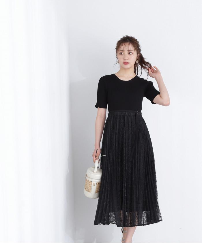 美品✨プロポーションボディドレッシング　ヘム釦ドッキングワンピース　レースニット セール】ニットドッキングフラワーワンピース(505426850