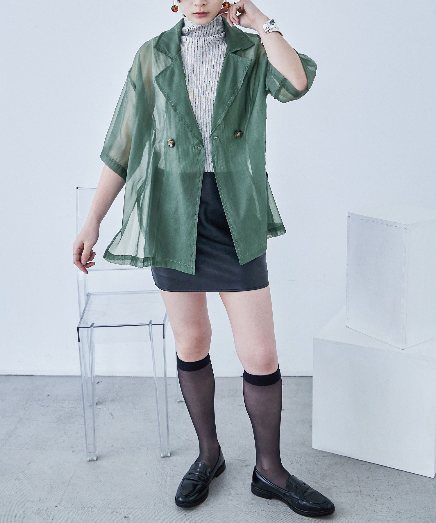 【新品未使用】今季 PLST シアーオーガンジーハーフスリーブジャケット S オーガンジー シアージャケット 半袖 ハーフスリーブ
