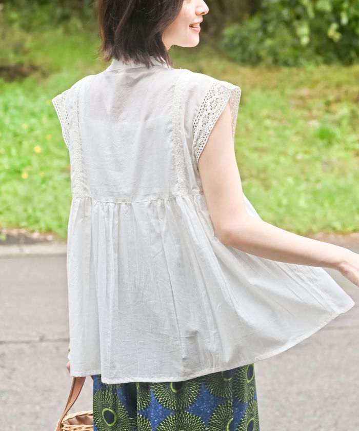 【50】美品23区 シルクコットンローンパフスリーブブラウス　レース　ピンタック 50】美品23区 シルクコットンローンパフスリーブブラウス レース