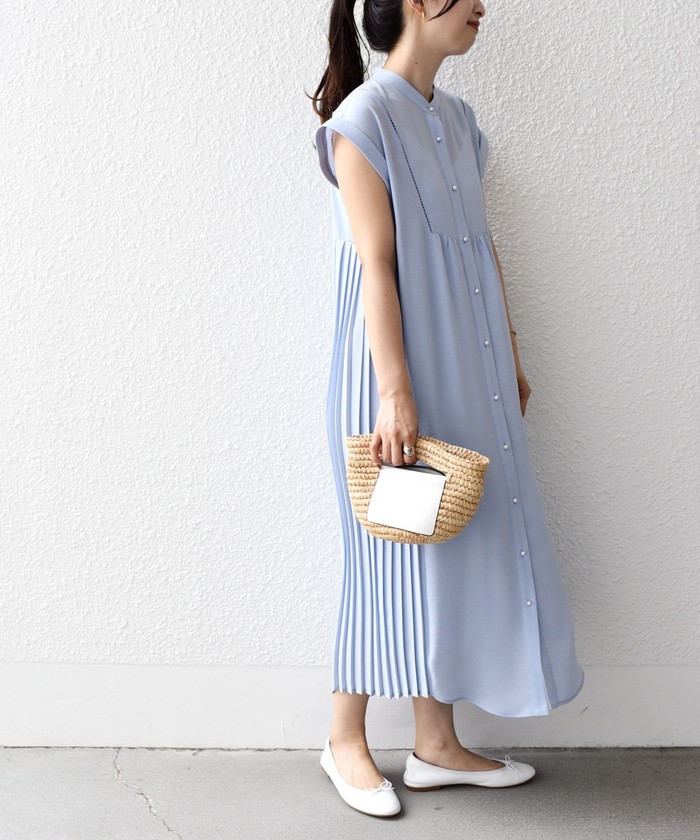 手洗い可能〉ストレッチ ジョーゼット プリーツ ワンピース