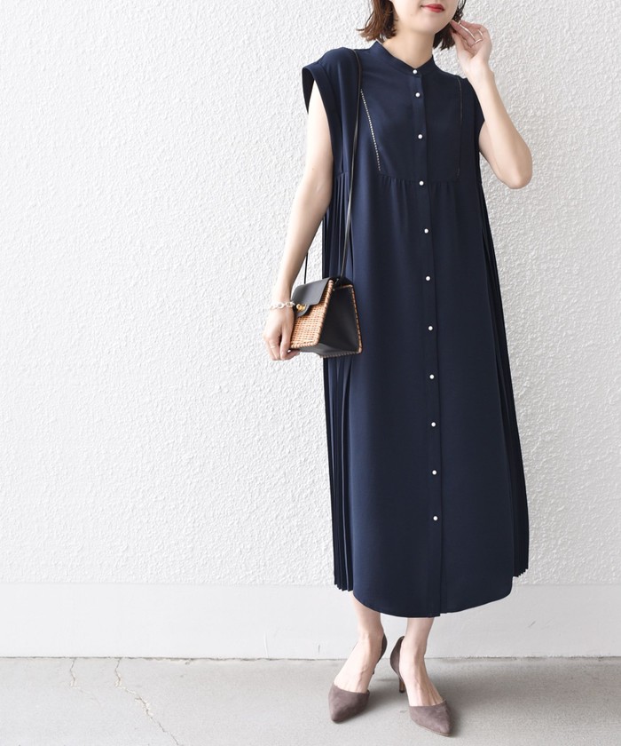 手洗い可能〉ストレッチ ジョーゼット プリーツ ワンピース