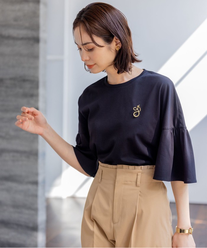 美品❤️ワインのカットソーセットアップ 新作 涼冷とろみ伸縮カットソー生地 ハイネック 脇下カット入