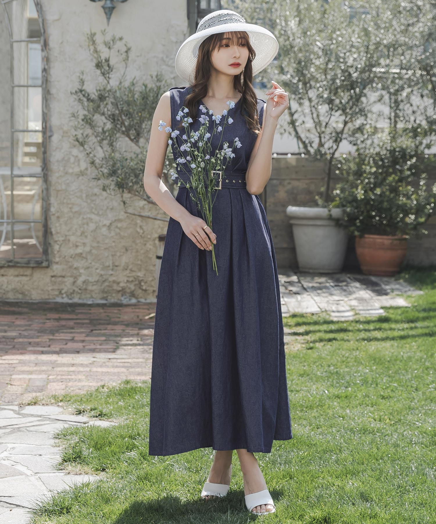 ベルト付 ジュエリーポイント フレアワンピース 2色 S〜XXL ジュリアブティック JULIA BOUTIQUE バックルベルト付きデニム