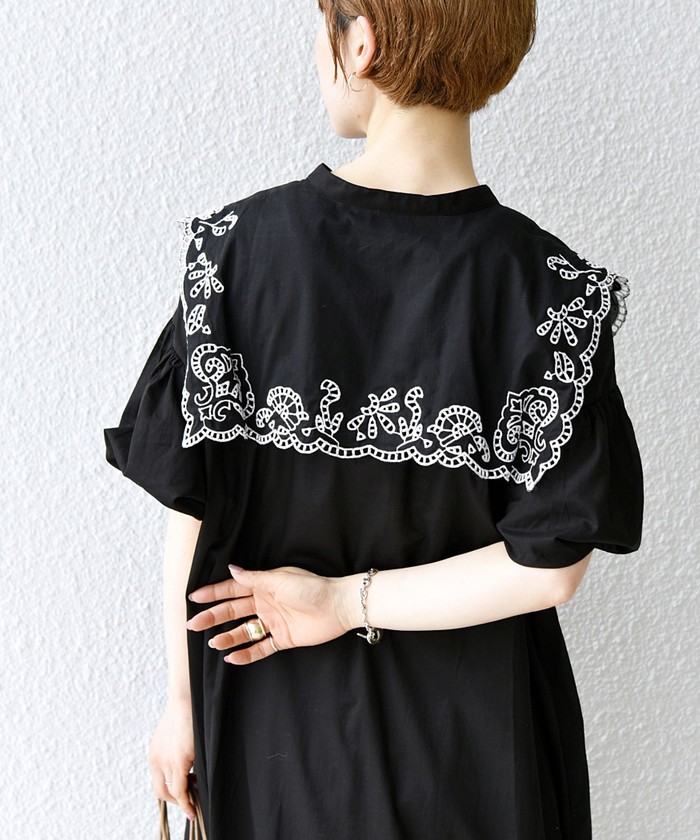 SHIPS any トーン カットワーク ワンピース　刺繍　ビックカラー　黒 セール 40%OFF】SHIPS any:〈洗濯機可能〉トーン カットワーク