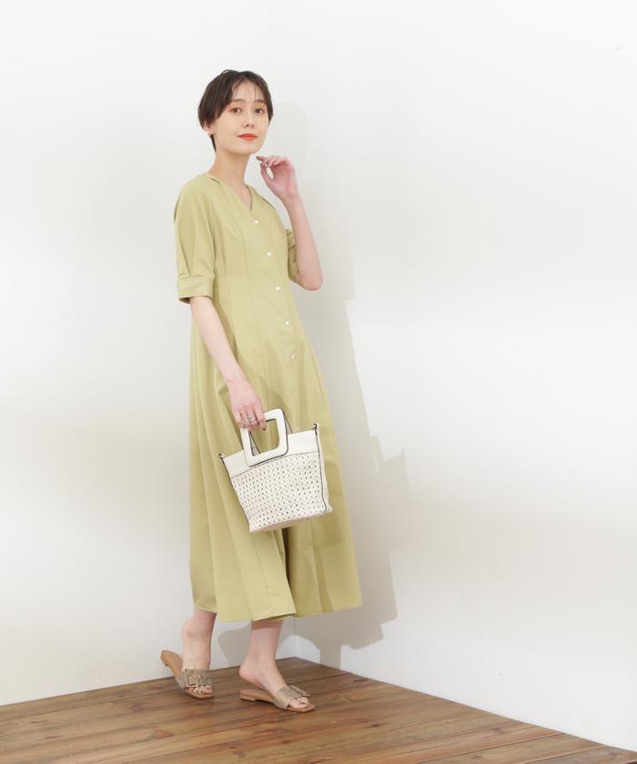 SinceThenフレンチバブ フロントボタン スリムワンピース ロング ワンピース プリーツ フロントボタン パフスリーブ ゆったり