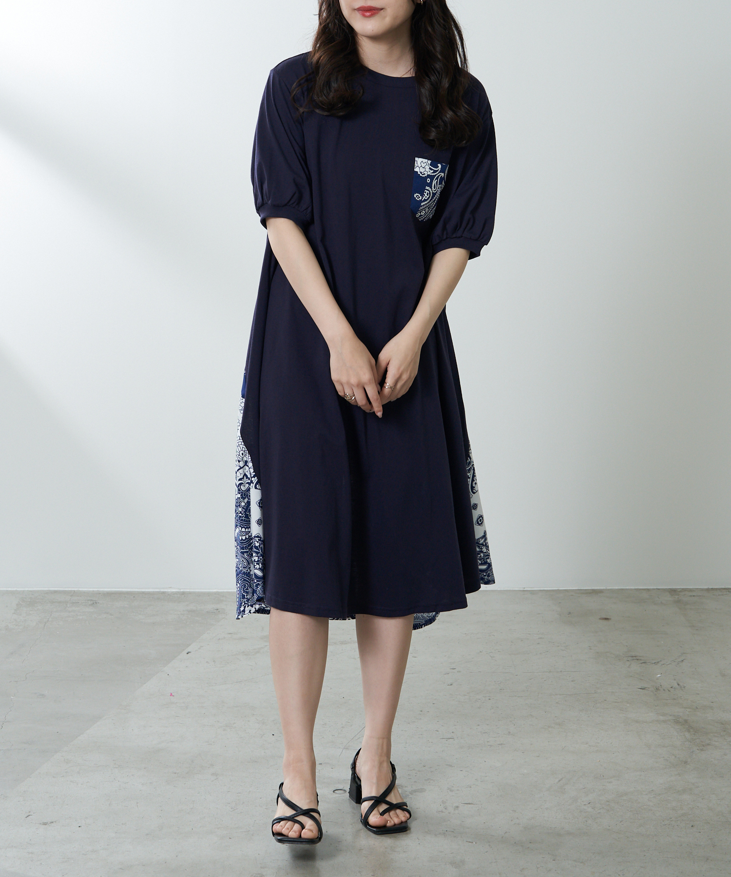 クーポン】【セール 40%OFF】天竺×布帛柄切替ワンピース