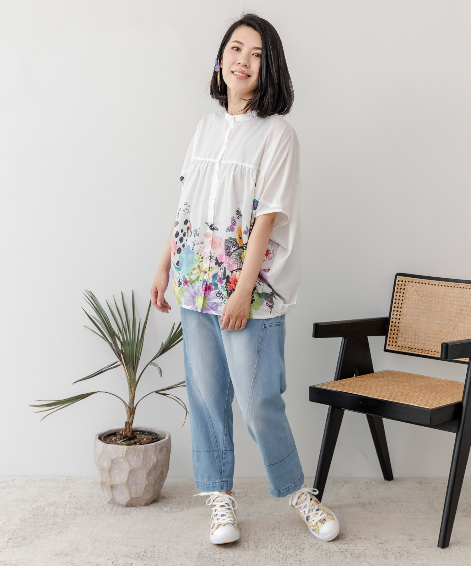 is scolar 花 蝶 異素材 切り替え デニム ワイドパンツ スカーフ is scolar 花 蝶 異素材 切り替え デニム ワイドパンツ スカーフ
