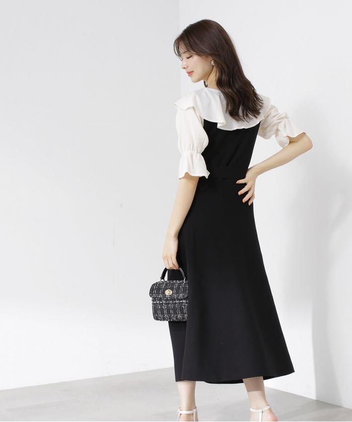 セール 50%OFF】ウエストベルト付きラッフルニットワンピース