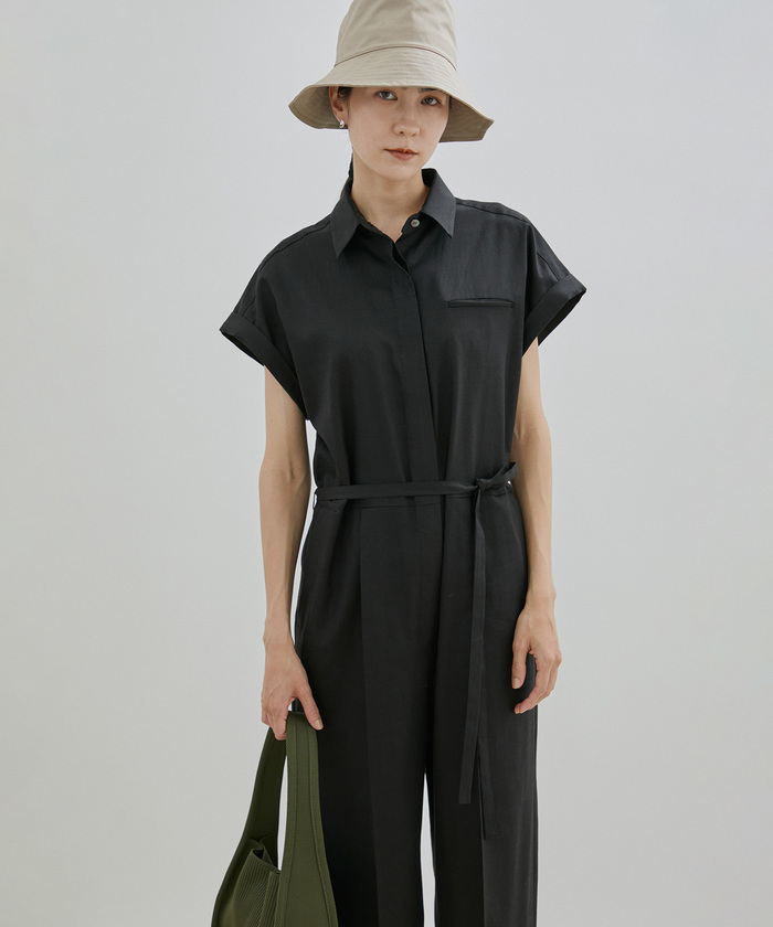 SALON adam et rope' 麻混レギュラーカラーオールインワン セール】【手洗い可能】麻混レギュラーカラーオールインワン