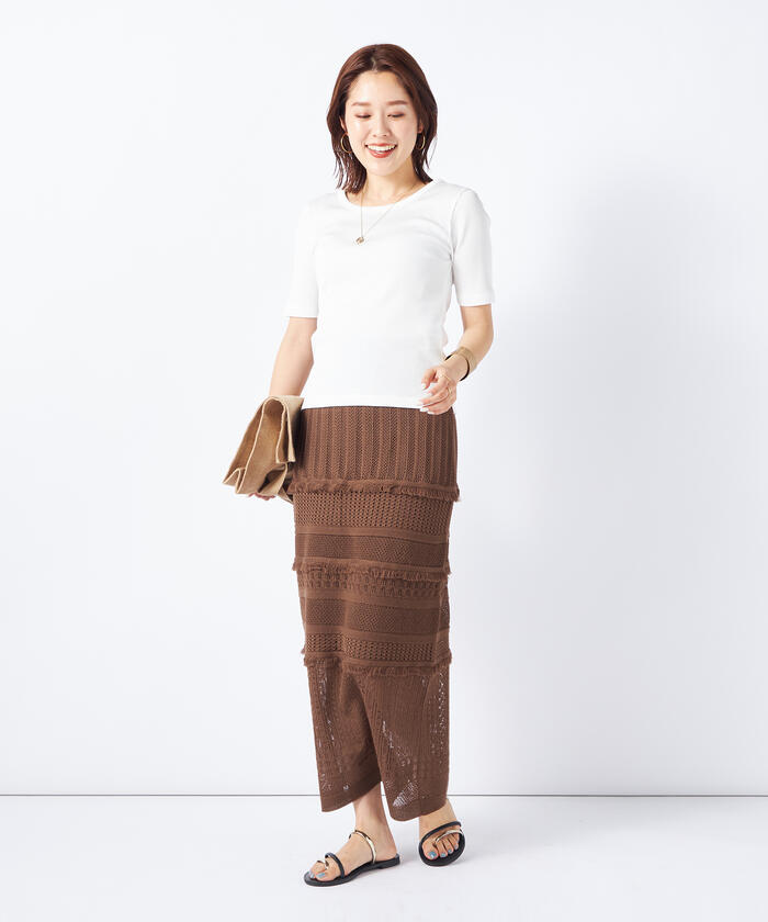 極美品✨ノーリーズソフィー　ノーカラースーツセットアップ　スカート　アイボリー セール】《手洗い可能》《セットアップ対応》透かし編みニット