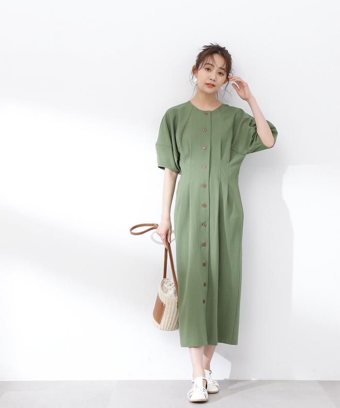 【韓国ファッション】ウエスト タック ワンピース 体型カバー セール】ウエストタック麻調ワンピース《S Size Line