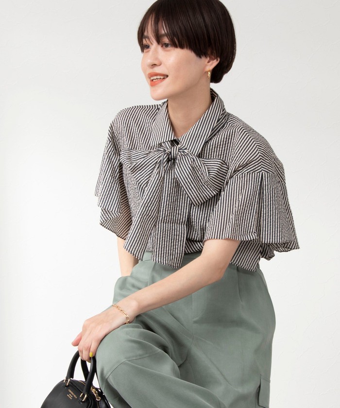 美品NOLLEY'S ノーリーズ ラッフルリボンブラウス 半袖 ストライプ 38 セール 55%OFF】ラッフルリボンブラウス(505311836