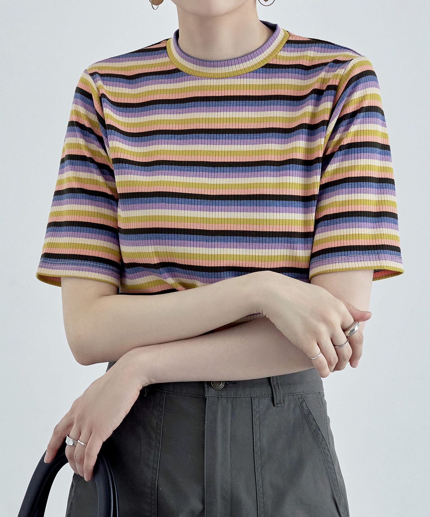 tシャツ 「LOEFF」マルチボーダー ドルマンスリーブ カットソー レディース LOEFF＞マルチボーダー ドルマンスリーブ カットソー